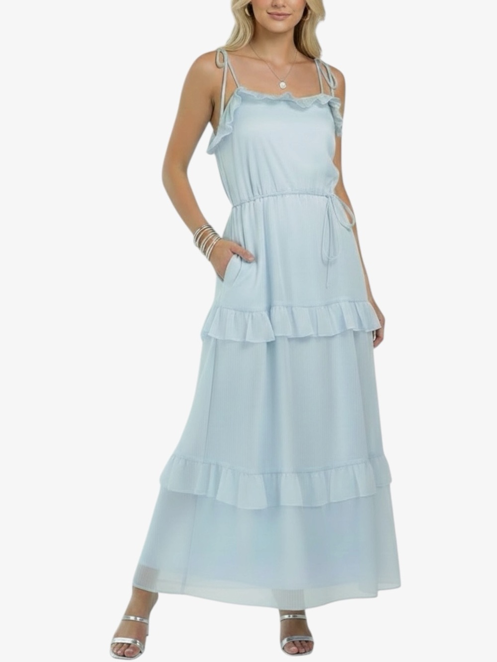 NWT JULIA JORDAN Light Blue Sleeveless Tiered Ruffle Lined Maxi Dress Size Small
